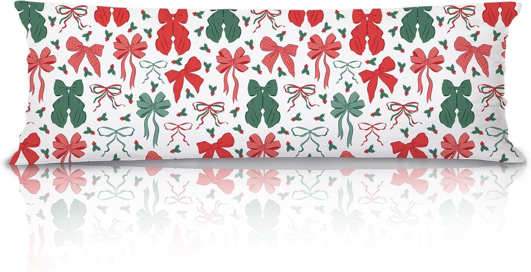 Red and Green Christmas Bows 20x54 Body Pillow Cover, Preppy Girly Christmas Room Decor, Vintage Xmas Coquette Bow Decorative Long Pillow Cases for Bed Couch (Multicolor9)