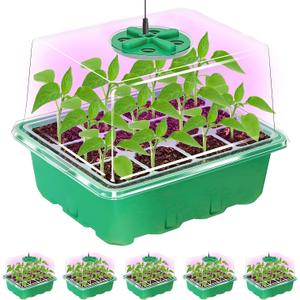 Bonviee 5 Packs Seed Starter Tray with Plant Light, Elevated Seedling Starter Trays Kits with Adjustable Humidity Domes and Clear Cell Tray, 12 Full Spectrum led lamp Beads for Plants Indoor-Green