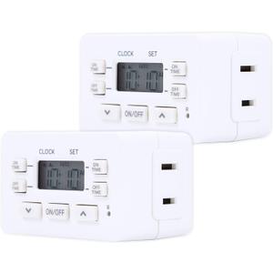 UltraPro 24hr Digital Bar Outlet Timer - 1-Polarized, 2 Programmable ON/OFF Cycles, 125VAC Light Timer, White, 2 Pack