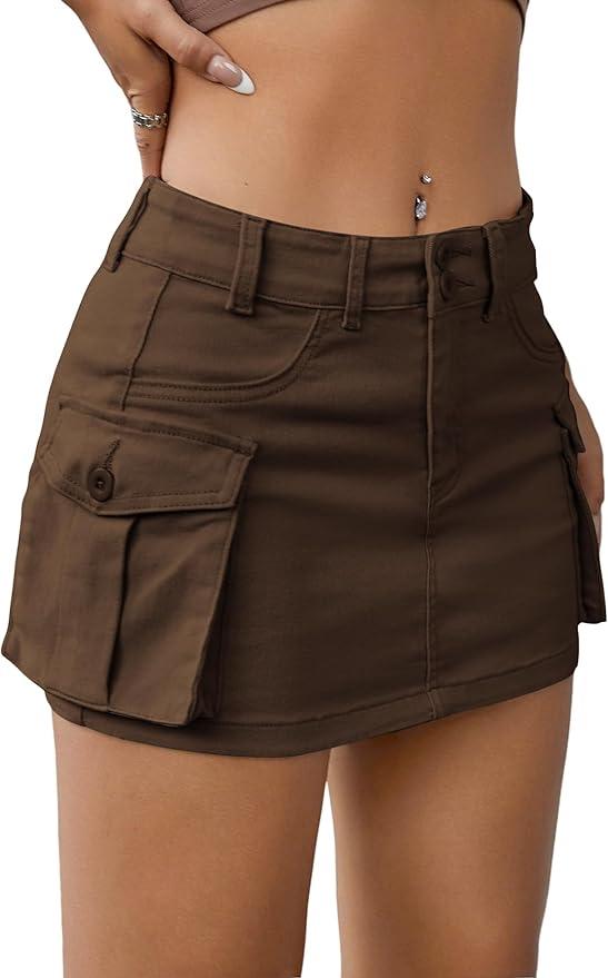 Women's Mini Cargo Skirt Y2K Button Low Waist Short Skirts Bodycon Denim Jean Skirt with Flap Pockets(A-coffee Brown,Medium) Coffee Brown, Medium
