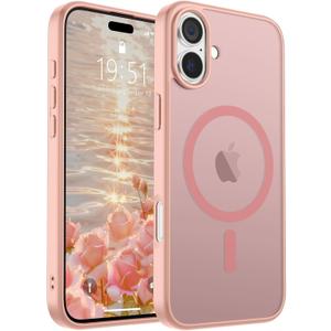 SUPFINE Magnetic for iPhone 16 Case (Compatible with MagSafe) (Military Grade Drop Protection) Slim Translucent Matte Shockproof with Anti-Fingerprint Phone Case,Pink
