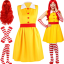 TaoBary 4 Pcs Halloween Fast Food Clown Waitress Costume Set for Women Long Arm Gloves Knee High Socks Red Wig for Cosplay XL