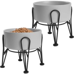 Elevated Dog Bowls, Ceramic Raised Dog Bowl Set with Anti-Slip and Non-Tip Metal Stand, 2 Pack Pet Food and Water Feeding Bowls for Small and Medium Dogs (Gray,3.6 Cups)