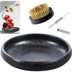 Japanese Ikebana Vase Kit, Flower Shallow Container Ceramics Ikebana Vase with 1.57inch Flower Frog and Floral Frog Floristry Kenzan Needle Straightening Tool (Frosted Bowl A with Spots)