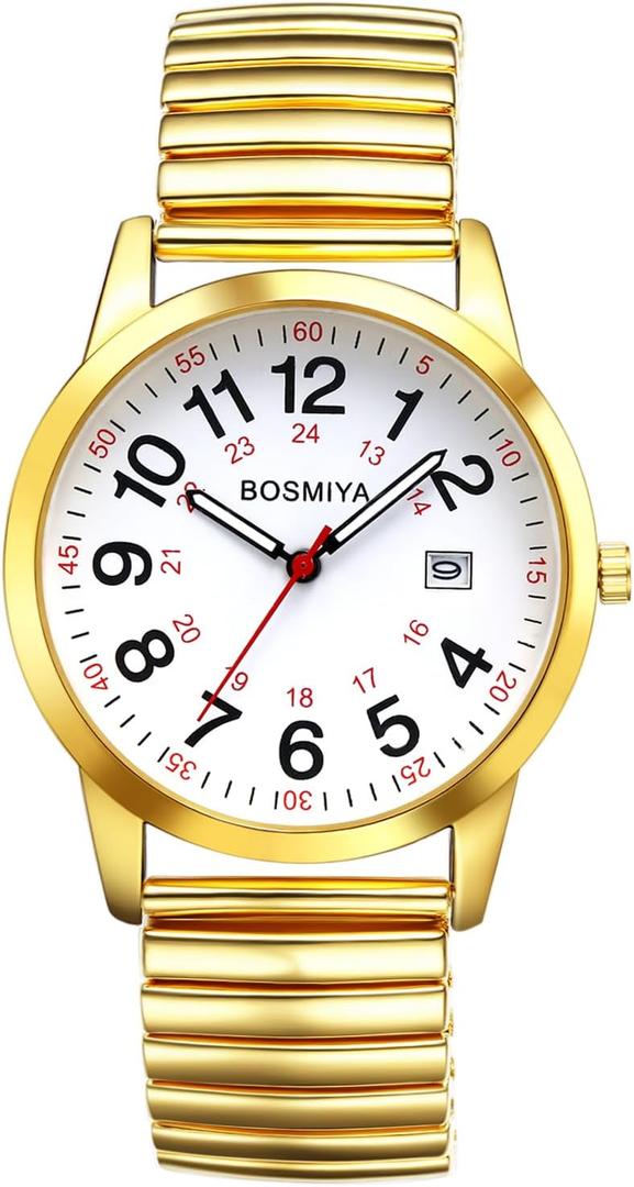 Avaner Men's Stretch Band Watches: Gold Silver Elastic Strap Large Face Quartz Easy Reader Bangle Wrist Watch for Men