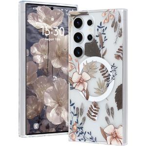 AIGOMARA Magnetic for Samsung Galaxy S24 Ultra Case [Compatible with MagSafe] Clear Floral Flower Pattern Design, Slim Anti-Yellowing Shockproof Phone Cover for Women Girls, Brown