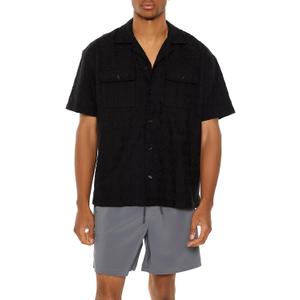 Forever 21 Men's Textured Cuban-Collar Shirt (Large, Black)