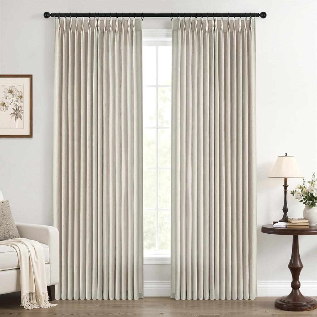 Rustic Oatmeal Pleated Linen Curtains 102 Inches Long for Living Room Bedroom 2 Panels Netural Boho Thick Textured Linen Back Tab Pinch Pleat Curtain Drapes Ceiling Floor Semi Sheer Sliding Door
