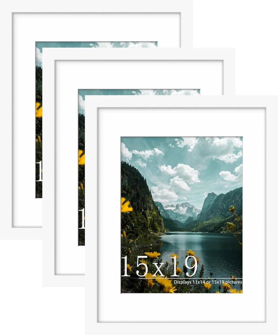 Picrit 15x19 Picture Frame 3 Pack, White Poster Frame, Display Poster 11 x 14 with Mat or 15 x 19 without Mat for Horizontal or Vertical Wall Mounting