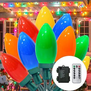 27.5Ft C9 LED Christmas Lights Battery Operated with Remote, LED Multicolor Outdoor Christmas Tree Lights Waterproof with 8 Mode Twinkle, for Christmas Tree Stair Yard Home Decor, 50 Bulbs