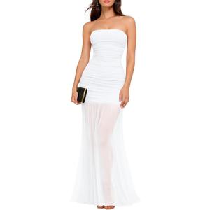 LAGSHIAN Women's Elegant Wedding Guest Maxi Dress Sleeveless Tube Ruched Mesh Evening Long Dresses (Teal, S)
