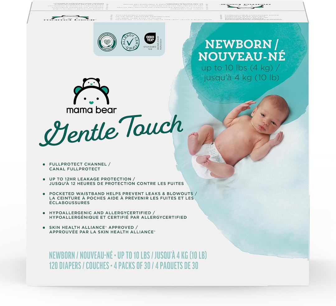 Amazon Brand - Mama Bear Gentle Touch Diapers, Hypoallergenic with Leak Protection, Size Newborn, 120 Count (4 packs of 30)