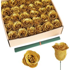 Gold Roses,30PCS Glitter Roses Bouquet Artificial Roses with Stems for Wedding Bouquet Party Christmas Home Decor (Gold)