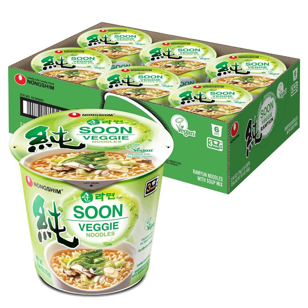 Nongshim Soon Cup Noodle Soup, Veggie, 2.6 Ounce (Pack of 6), BBD 02/10/2027