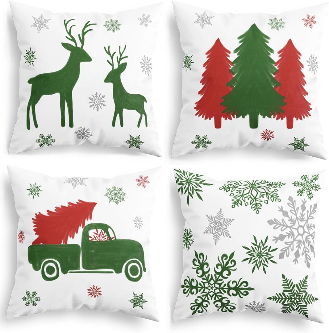 CaliTime Christmas Throw Pillow Covers Decorative 18 X 18 Inches Set of 4 Cozy Fleece Trees Deers Car Snowflakes Cushion Cases for Couch Sofa Bed Living Room Farmhouse Christmas Green Red