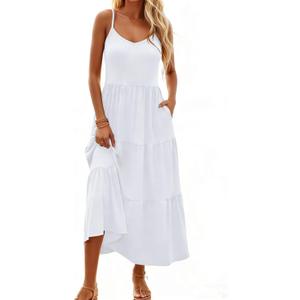 Halife Womens Flowy Tiered Maxi Dress Sleeveless Summer Sundresses Adjustable Straps Long Beach Sun Dresses with Pockets (Medium)