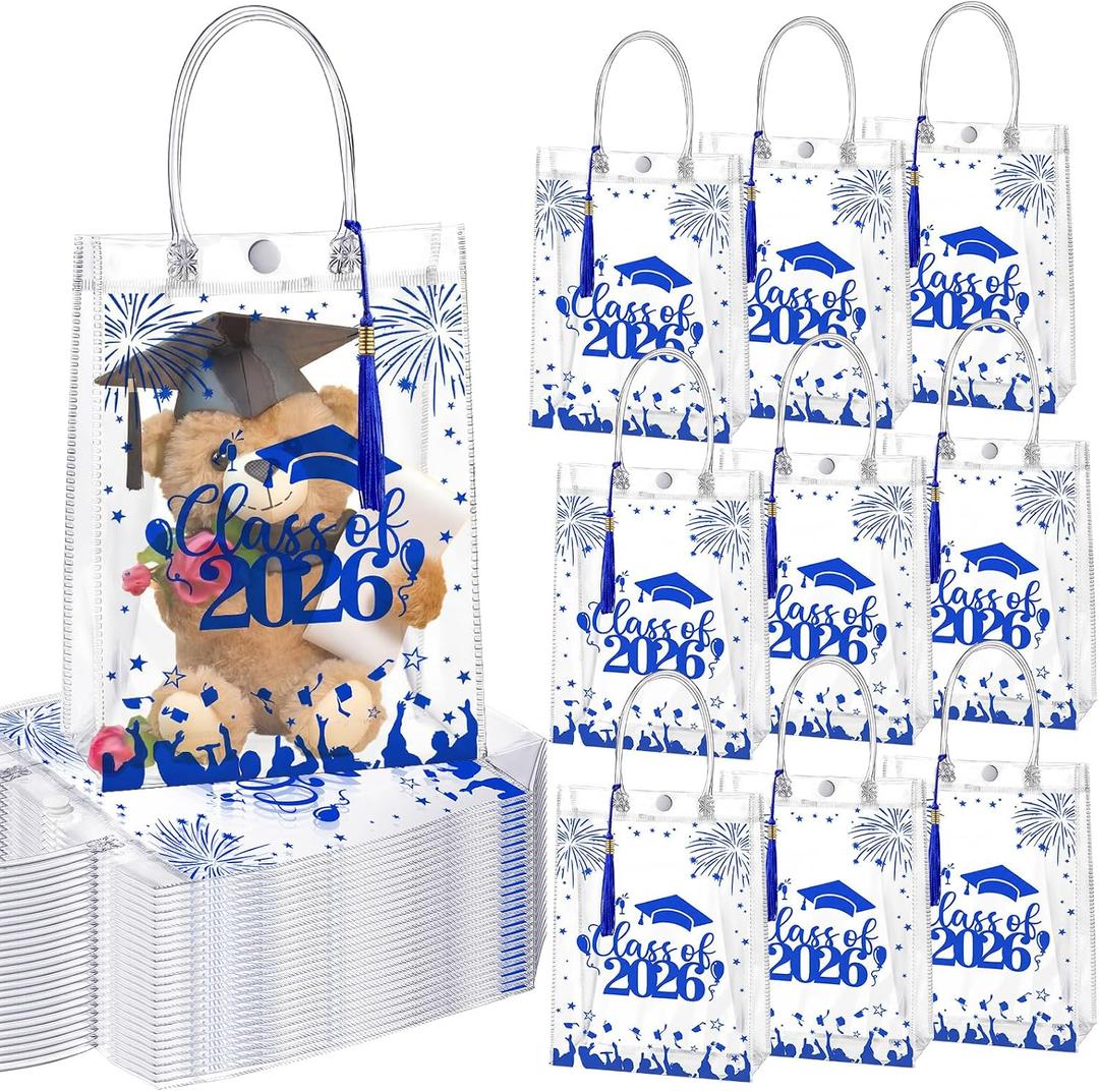 SilTriangle 24 Set Class of 2026 Graduation Gift Bags Graduate Party Favors Class of 2026 Clear Gift Bags with Handles Tassel Reusable Grad PVC Transparent Handbags 7.87'' x 10.24'' x 3.15''(Blue)