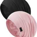 Silk Bonnet for Sleeping Women, Adjustable Silky Satin Lined Sleep Cap, Silk Hair Wrap Slouch Beanie Hat (Black&pink)