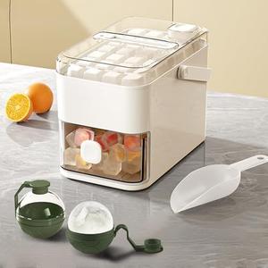 Compact Double Layer Ice Cube Tray with Lid and Bin, One-Click Demolding, Pull-Out Ice Drawer with Portable Handle, Includes 2 Large Ice Ball Molds (White)