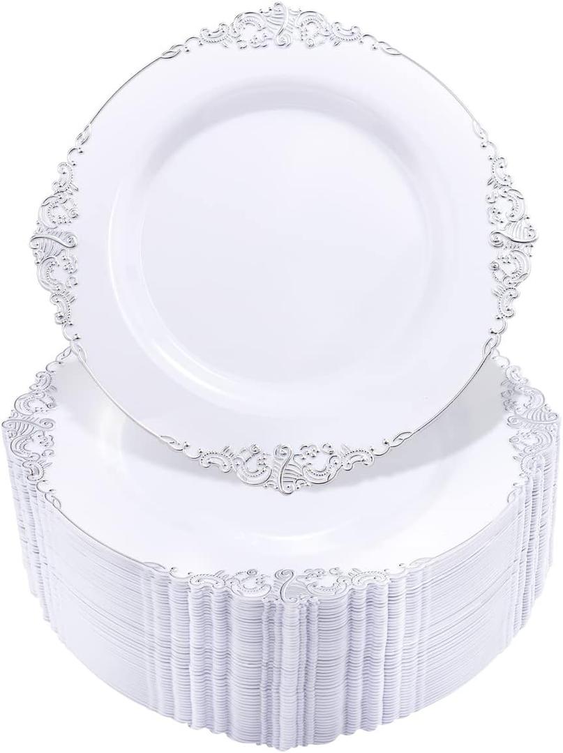 Hioasis 100pcs White Silver Plastic Plates for Party - 7.5" Dinner Plates Disposable, Heavy -duty, Classy and Elegant for Wedding