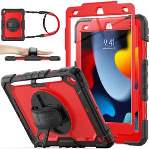 SEYMAC stock Case for iPad 9th/ 8th/ 7th Generation 10.2'', Shockproof with Screen Protector, Pencil Holder [360 Rotating Hand Strap] & Stand, for iPad 10.2 inch 2021-2019 (Red+SiliconeBlack)