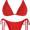 ZAFUL Textured Halter Bikini for Women 2 Piece Triangle Bikini Sets Sexy High Cut Bathing Suit Side Tie Swimsuits (Large, 0-wave-red)