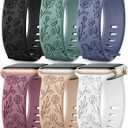 SNBLK 6 Pack Floral Engraved Bands Compatible with Apple Watch Bands  Women Men, Silicone Flower Pattern Strap for iWatch Series 11 10, Size: 38mm/40mm/41mm/(42mm-Series 11 10)