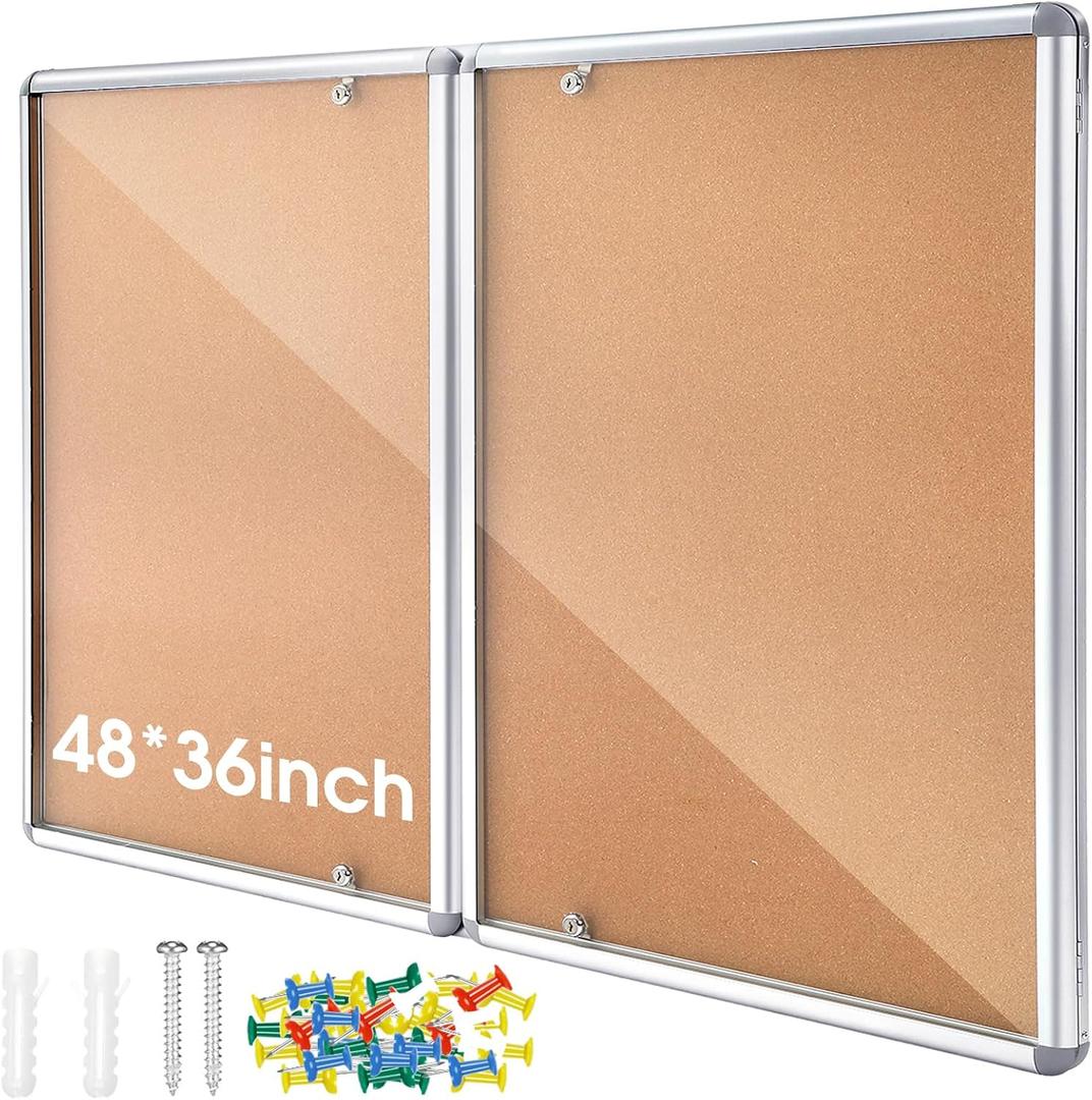 Motipuns Enclosed Bulletin Board 48 x 36 Inch, Resistant Enclosed Notice Board Cork Displays Boards Wall Mounted Display Case with 2 Locking Door for School Office Commercial, Aluminum Frame (12 x A4)