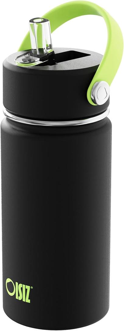 OISIZ Kids Water Bottle with Straw Lid 14oz, Vacuum Insulated 316 Stainless Steel Water Bottles for Kids for School, Leakproof Water Bottle, BPA Free and Keep Cold for 24 Hours (Black)