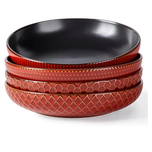 GBHOME 9.5'' Large Pasta Bowls, 42 Ounce Stoneware Salad Bowls for Kitchen, Ceramic Serving Bowls With Textured Pattern for Pasta,Fruit, Stews,Noodle, House-warming Gift, Set of 4-Rythmic Red