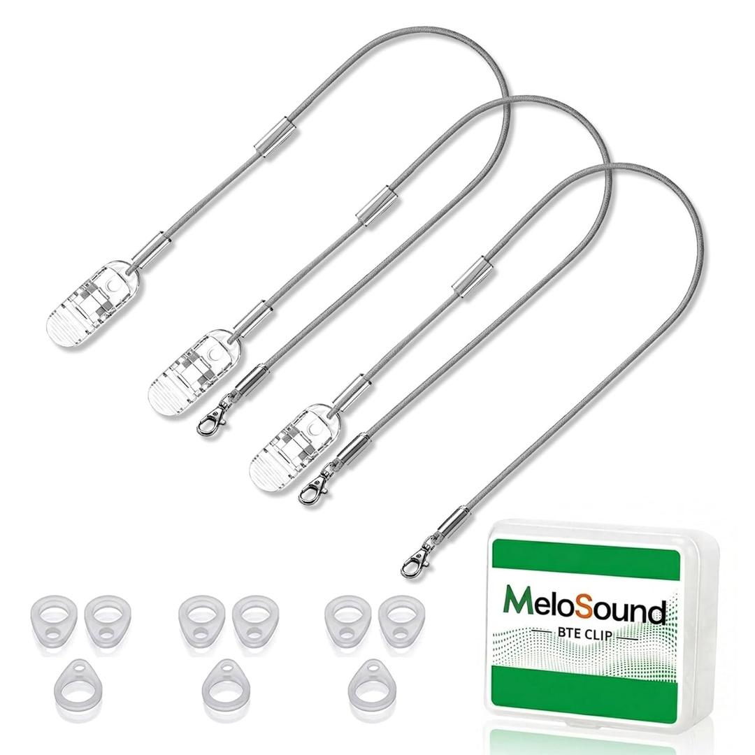 3-Pack Monaural Grey Hearing Aid Anti-Loss Clips for Seniors  Secure Alligator Clip, 3 Silicone Ring Sizes 7/9/9mm, Comfortable & Compatible with Multiple Models