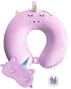 urnexttour Neck Travel Pillow for Kids, Unicorn Airplane Memory Foam Pillow with Cute Sleep Mask & Earplugs, Lightweight Travelling Sleeping Pillow Set for Car, Train, Bus and Home Use (Purple)