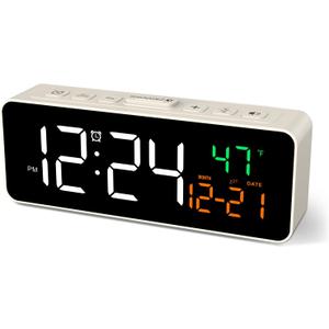 Netzu 3-in-1 Small Digital Clocks for Living Room with Temperature, Date & Time Display - 4 Levels Birghtness, 3 Volumes, Compact Plug-in Alarm Clock for Bedroom, Office (White)