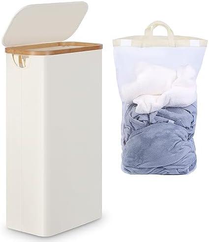 efluky Slim Laundry Basket with Lid, Tall Narrow Washing Basket for Laundry, Folding Small Slimline Laundry Baskets for Dirty Clothes, 63L Cloth Storage Basket Beige, EF-63Beige