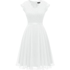 Dressystar Women's V Neck Sleeveless Lace Bridesmaid Dress Wedding Party Gown (X-Large,Short- White)