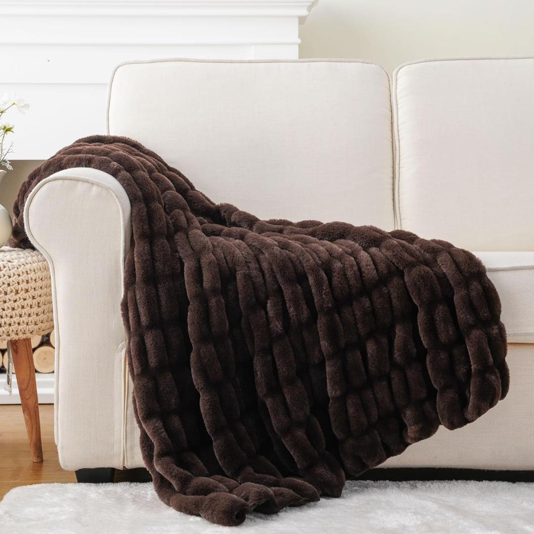 BATTILO HOME Dark Brown Faux Fur Throw Blanket for Couch, Double Side Reversible Ruched Rabbit Fur Blanket for Couch, Bed, Sofa, Soft Warm Mink Cozy Blanket, 50x60 Inch