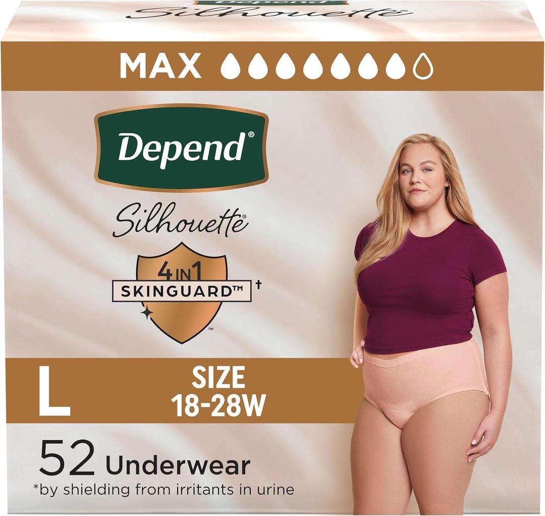 Depend Silhouette Adult Diapers, Incontinence & Postpartum Bladder Leak Underwear for Women, Maximum Absorbency, Large, Pink, 52 Count (2 Packs of 26),