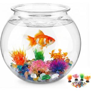 1 Gallon Round Plastic Fish Bowl Set, Crystal Clear Plastic Aquarium for Fish with 5 Decorative Plants and 8.8oz Colorful Stones, Small Fish Tank for Home Decoration