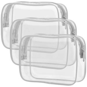 PACKISM Clear Makeup Bag, Waterproof TSA Approved Toiletry Bag Quart Size Bag, Clear Makeup Bags with Zipper Travel Cosmetic Bag, Carry on Airport Airline Compliant Bag, 3 Pack, Grey (Medium)