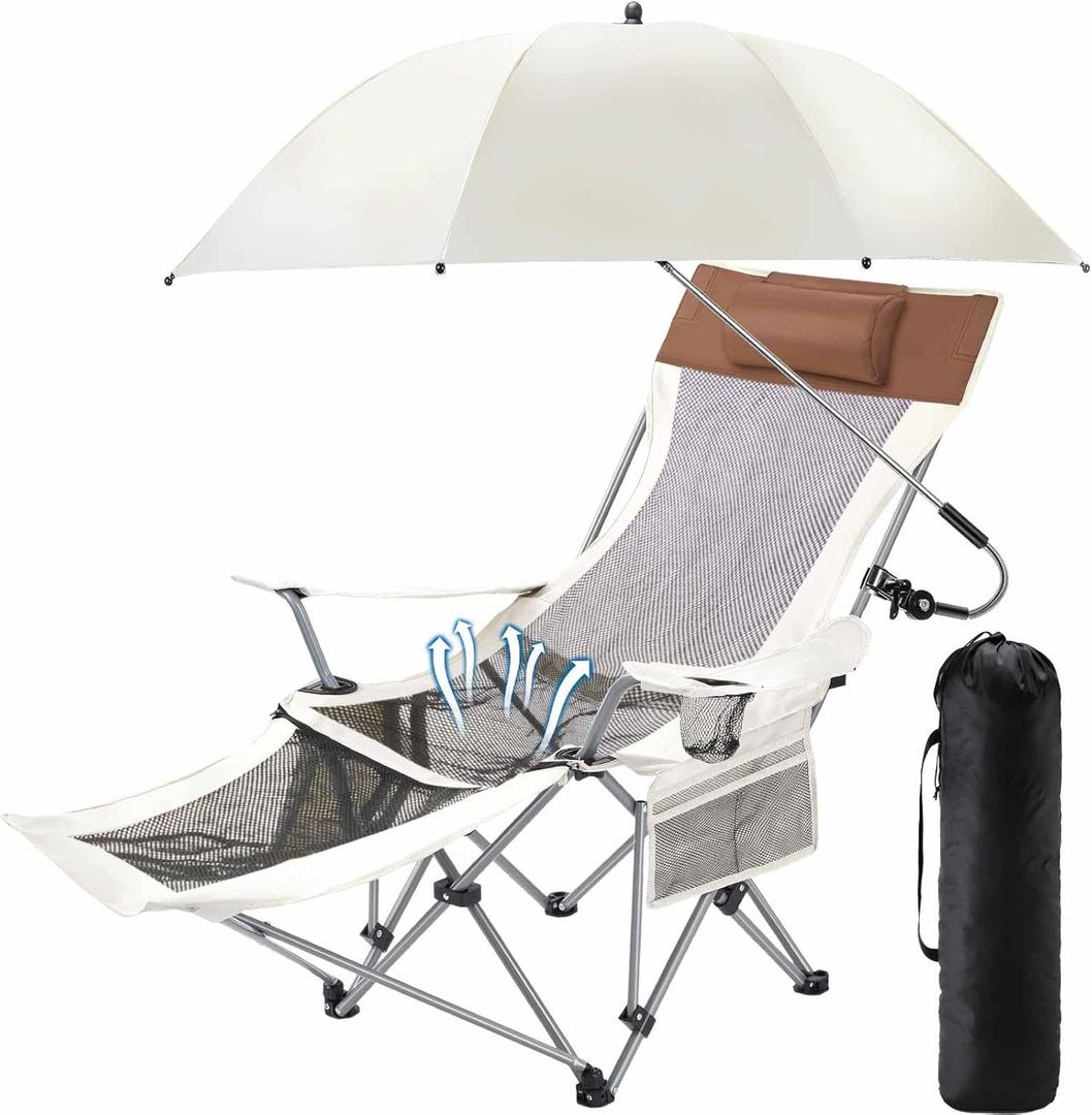 Yuntau Single Reclining Camping Chair with Removable Umbrella Folding Camp Chair for Outdoor(White)