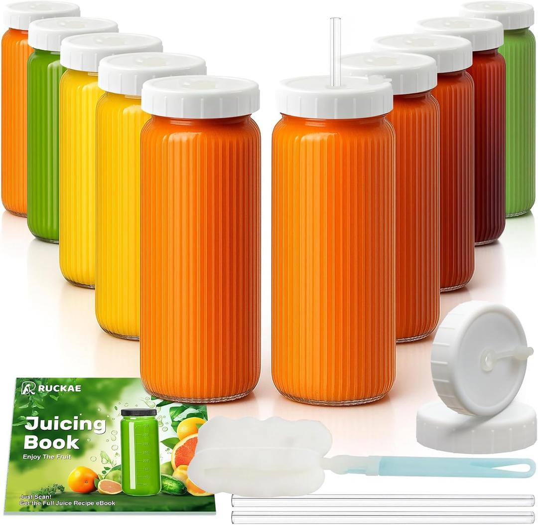 Ruckae 16oz Juice Bottles,Ribbed Glass Juicing Bottles with Lids,Smoothie Cup Lids and Straws,Water Bottle Mason Jar Drinking Glasses for Juicing,Smoothies,Kombucha (Clear-10 pack)