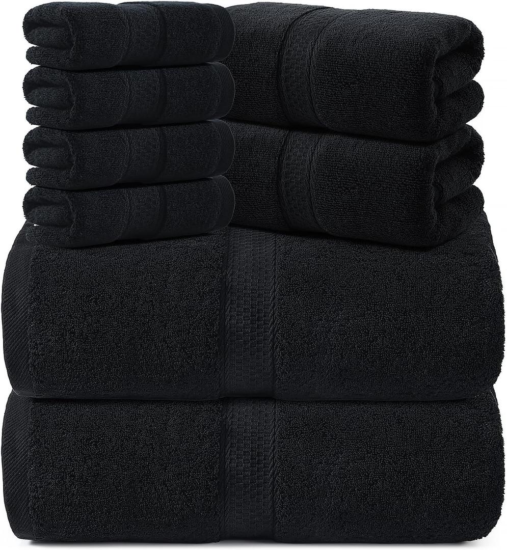 REDKISS 14 Piece Cotton Towel Sets for Bathroom - 2 Oversized Bath Sheets (35x70 in), 2 Hand, 4 Washcloth, Super Soft Quick Dry Highly Absorbent Balck Bath Towel Set for Home Gym Dorm Spa, 4pcs 36x52 4pcs 26x16 8pcs 11x11