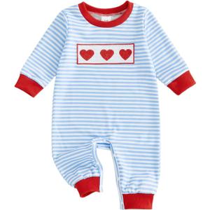 Sasaerucure Infant Newborn Baby boy Valentines day Outfit Heart Embroidery Striped Long Sleeve Romper Jumpsuit, Size 0-3M
