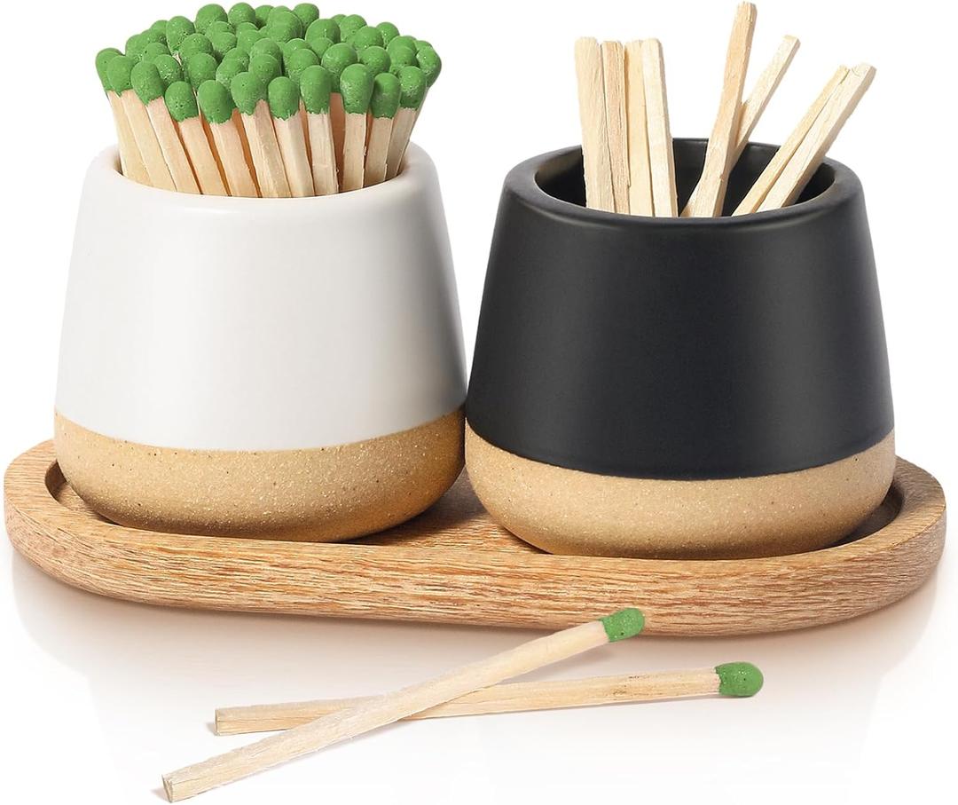 FreeJac Set of 2 Ceramic Match Holder with Striker - Match Container With Wooden Tray Matchstick Holder for Kitchen Bathroom Candle Parlor Modern Home Decor - MATCHES NOT INCLUDED (Mist-Black and White)