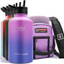NATURE PIONEOR Insulated Water Bottles with Straw - 64oz Stainless Steel Vacuum Bottle with Holder/Carrier/Sleeve - Reusable 18/8 Food Grade Half Gallon Water Jug (Purple)