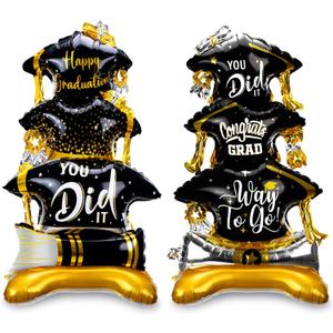 Jenaai 2 Pcs 37" Gold and Black Graduation Caps Foil Balloons Giant Self Standing Congrats Grad Diploma You Did It Theme Balloons for Class of 2026 Graduation Party Decoration Supplies