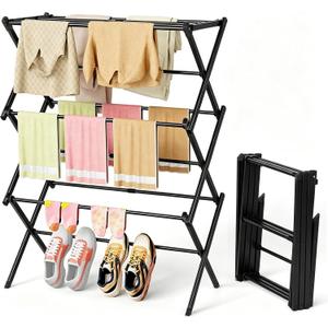 BAKON Clothes Drying Rack Foldable for Small Space, No Installation Required, Rustproof & Extendable Laundry Rack for Indoor & Outdoor Dorm Room Apartments RV, Black, 16.3" to 28.9"