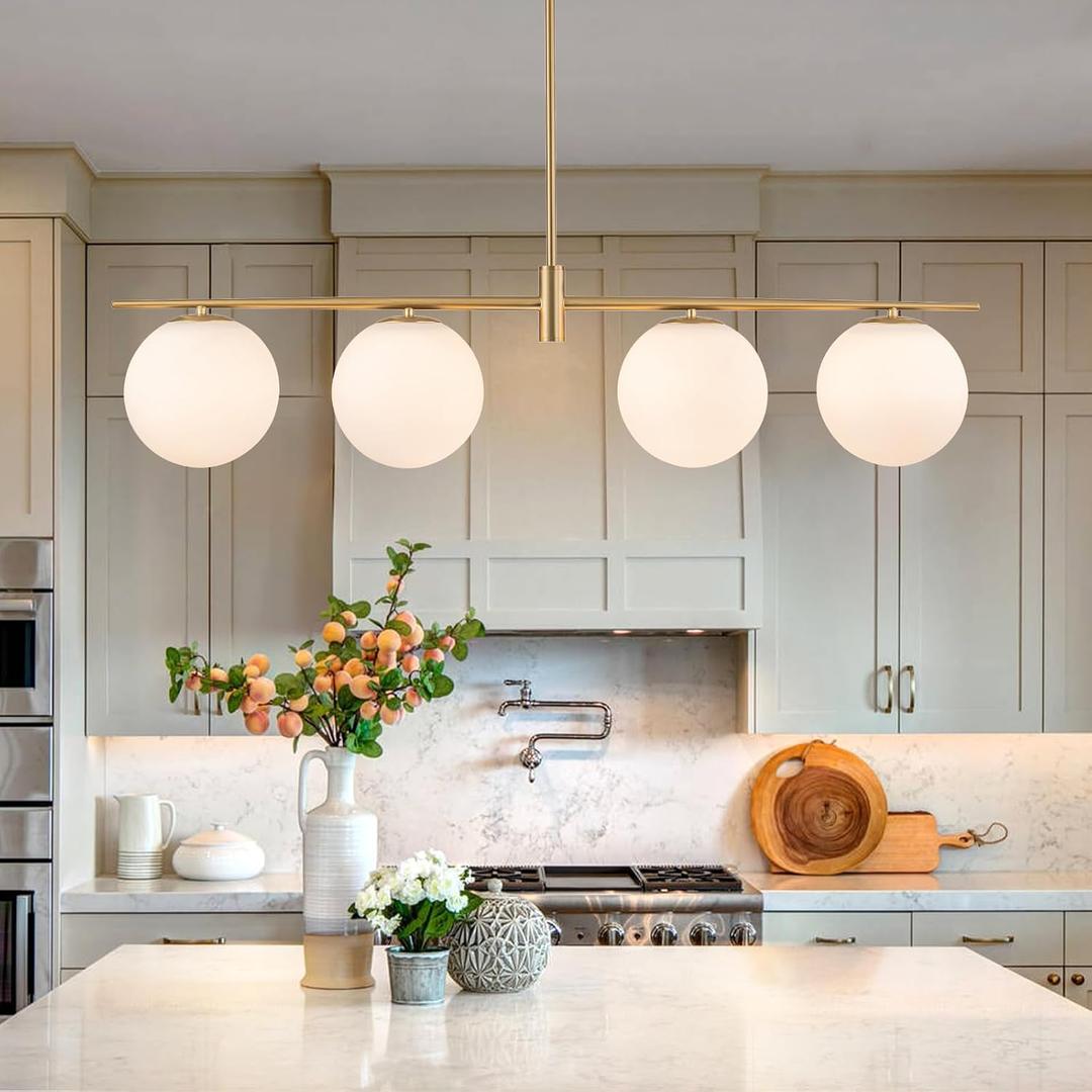 45.3" Modern Linear Chandelier 4-Lights Milk Glass Globe Linear Pendant Light Fixture Brushed Gold Mid Century Chandelier Kitchen Island Dining Room Light Fixture Over Table