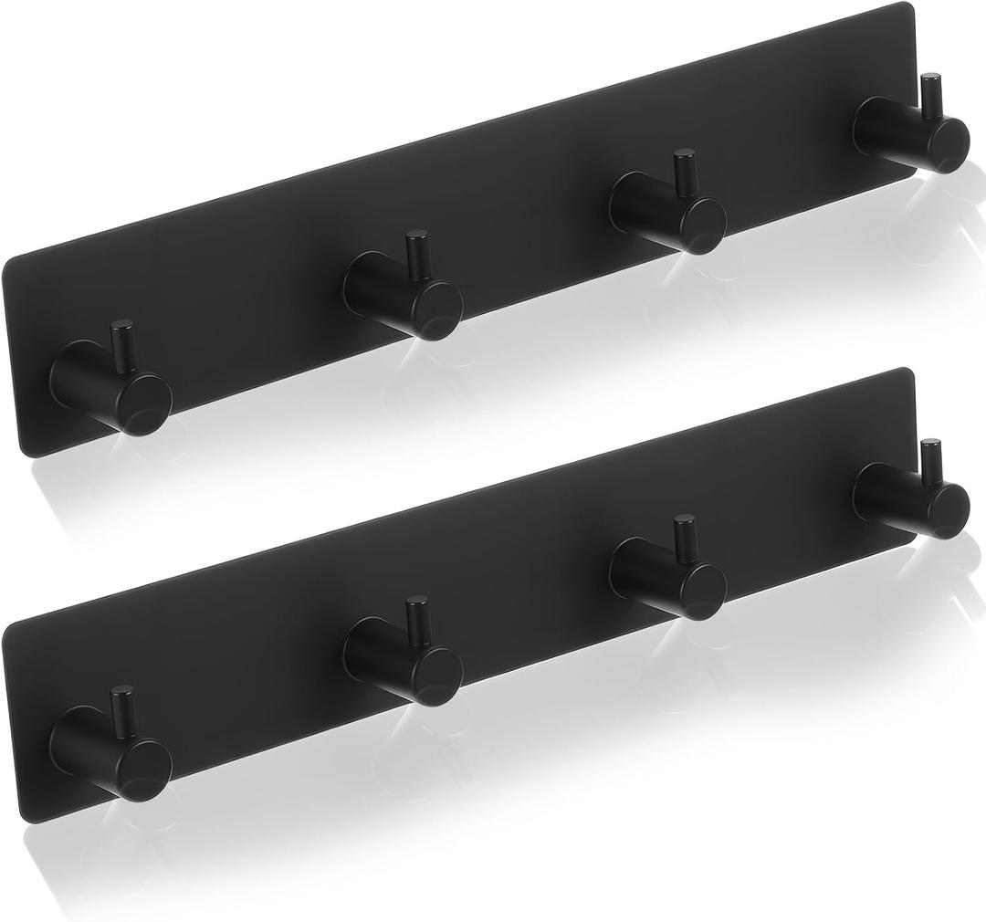 2Pcs 304 Stainless Steel Self Adhesive Towel Hooks, Black Wall Mounted Stick On Towel Hooks 4-Hook Design, 10.1x1.8x1 Inch Rustproof Bathroom Kitchen Organization Strong Hold Adhesive
