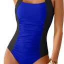 Women's One Piece Tummy Control Swimsuit Ruched Slimming Bathing Suit Color Block Swimwear (Medium, Royal Blue Black)